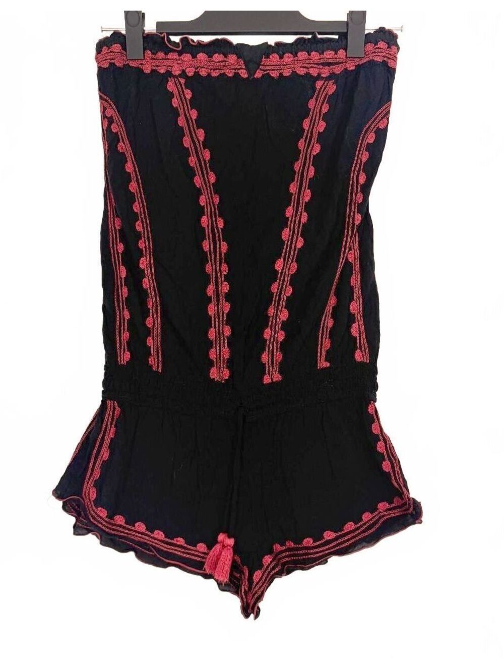 Poupette St. Barth Tassel Pom-Pom Embroidered Strapless Romper Black Red Small